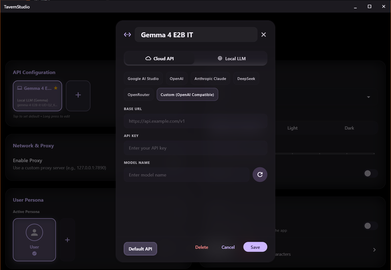 Tavern Studio cloud API settings